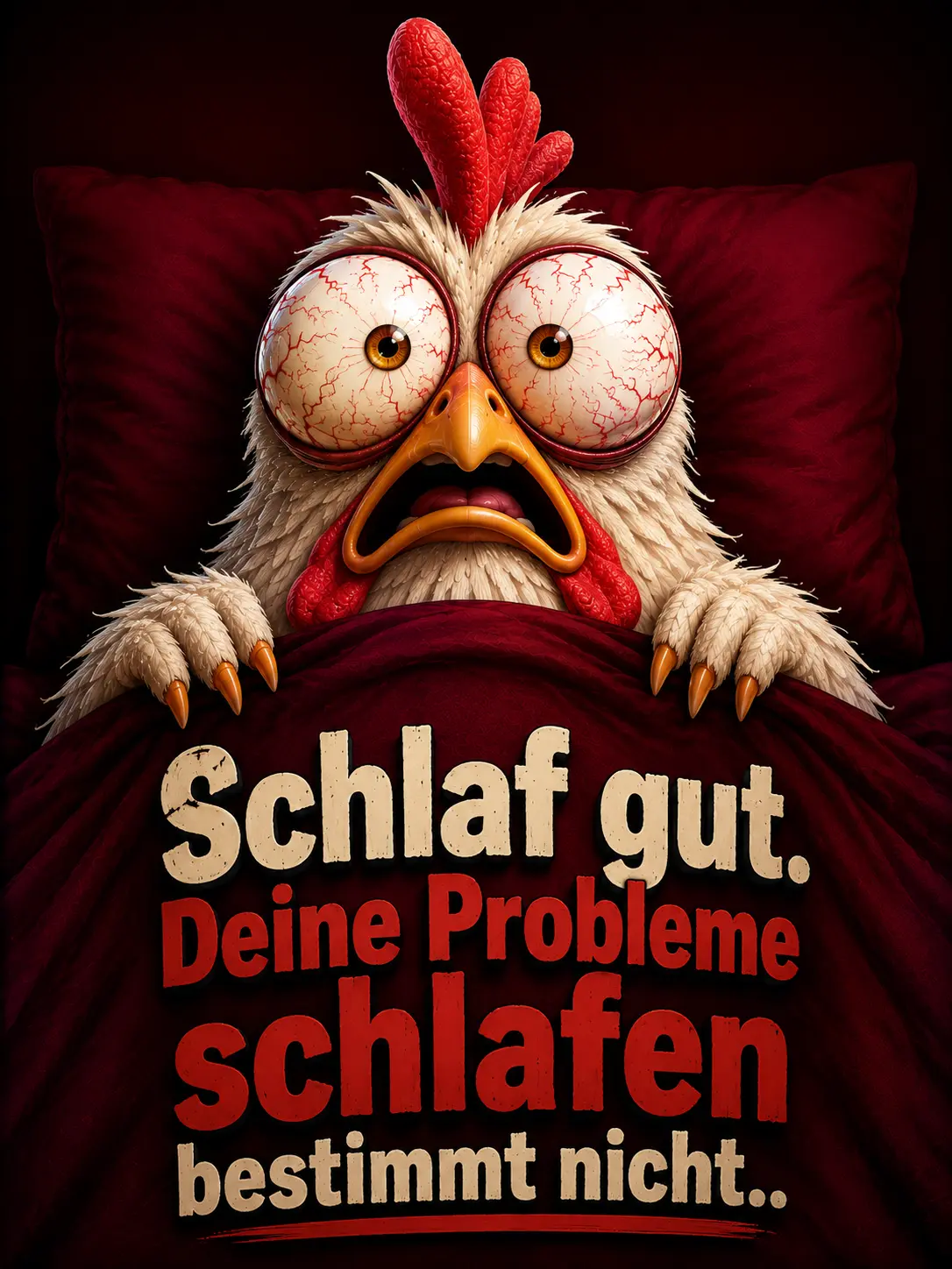 Liebe Grüße lustig Schönen Abend und Gute Nacht Bilder – Verrücktes Huhn im Bett
