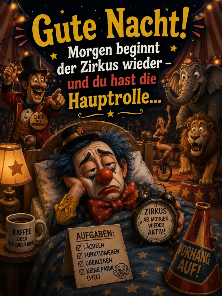 Liebe Grüße lustig Schönen Abend und Gute Nacht Bilder – Zirkus und Clown im Bett