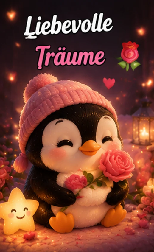 Liebevolle Träume Bilder mit süßem Pinguin und rosa Rosen