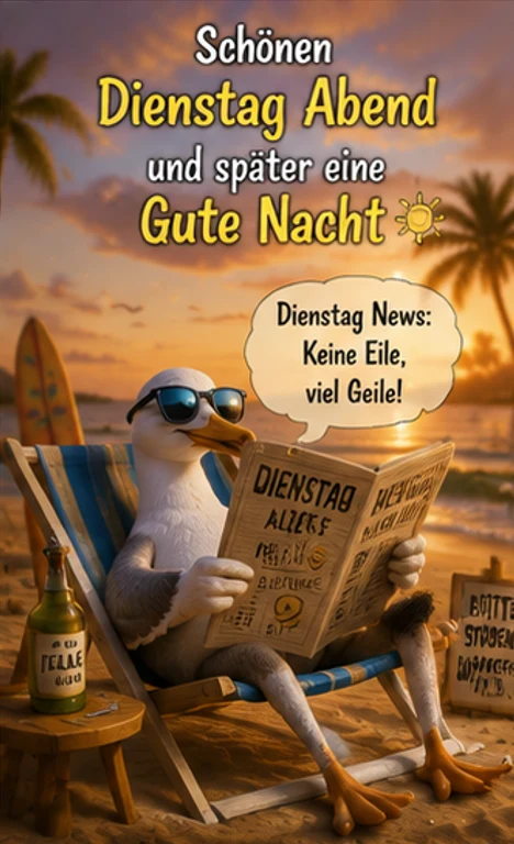 Lustige Dienstag Abend Grüße am Strand mit Möwe