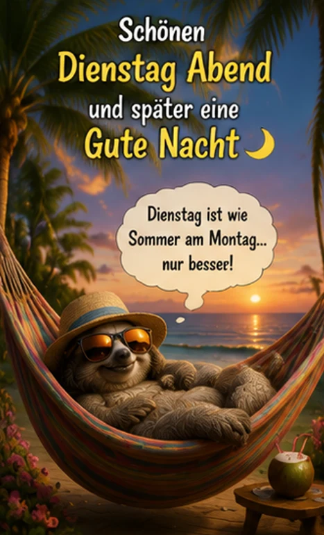 Lustige Dienstag Abend Grüße mit Faultier in Hängematte