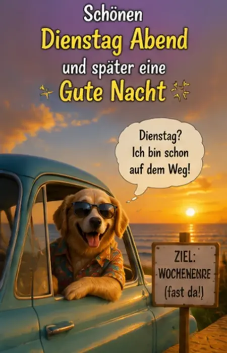 Ein fröhlicher Hund mit Sonnenbrille schaut aus dem Fenster eines blauen Autos am Strand bei Sonnenuntergang für Dienstagabend Grüße.