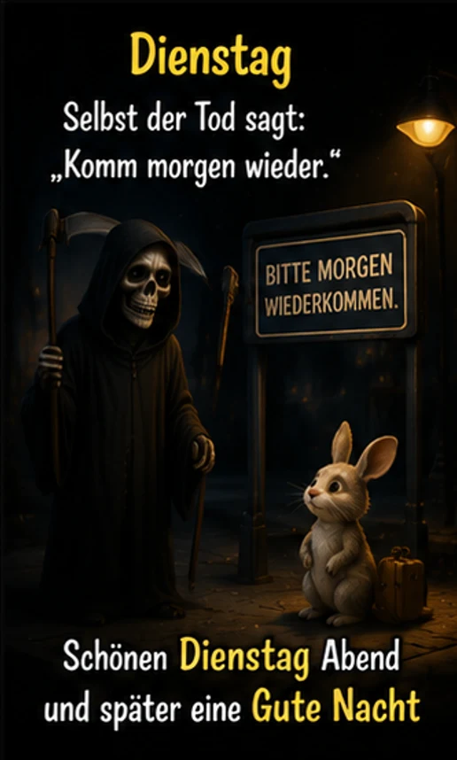Lustige Dienstag Abend Grüße mit Sensenmann und Hase