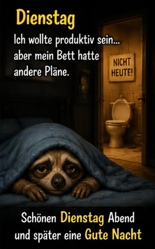 Lustige Dienstag Abend Grüße mit Waschbär im Bett