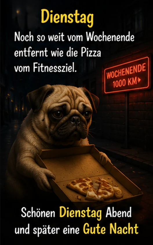 Lustige Dienstag Bilder mit Mops und Pizza