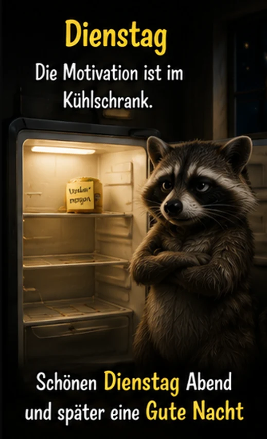 Lustige Dienstag Bilder mit Waschbär vor dem Kühlschrank