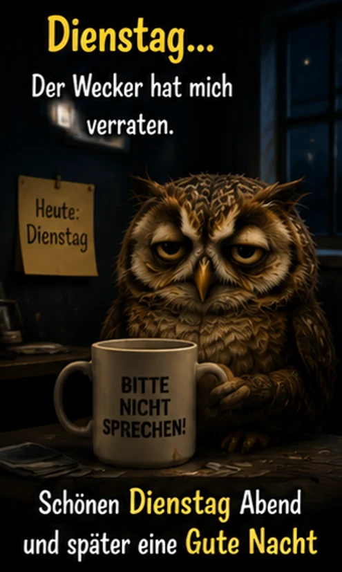 Lustige Dienstag Bilder mit müder Eule und Kaffeetasse