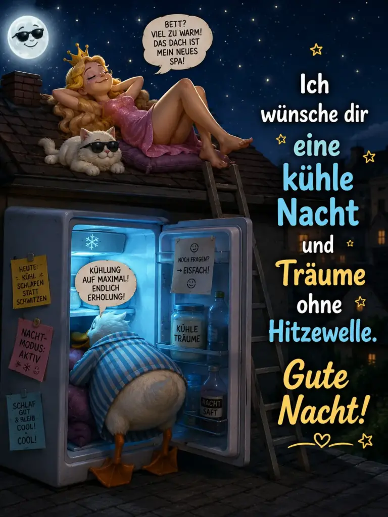 Lustige Gute Nacht Wünsche – Hitze Grüße auf dem Dach und im Kühlschrank