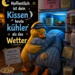 Lustiges Gute Nacht Bild im Sommer mit einer Ente, die ein Kissen hält und im offenen Kühlschrank sitzt, neben Eis, Keksen und humorvollen Sprüchen über die Hitze.