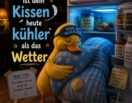 Lustiges Gute Nacht Bild im Sommer mit einer Ente, die ein Kissen hält und im offenen Kühlschrank sitzt, neben Eis, Keksen und humorvollen Sprüchen über die Hitze.