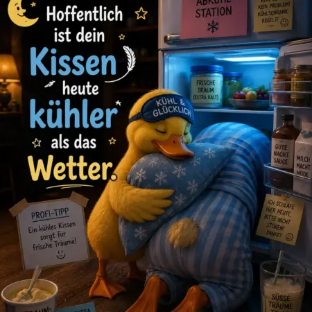 Lustiges Gute Nacht Bild im Sommer mit einer Ente, die ein Kissen hält und im offenen Kühlschrank sitzt, neben Eis, Keksen und humorvollen Sprüchen über die Hitze.
