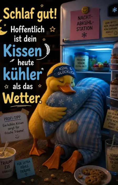 Lustiges Gute Nacht Bild im Sommer mit einer Ente, die ein Kissen hält und im offenen Kühlschrank sitzt, neben Eis, Keksen und humorvollen Sprüchen über die Hitze.