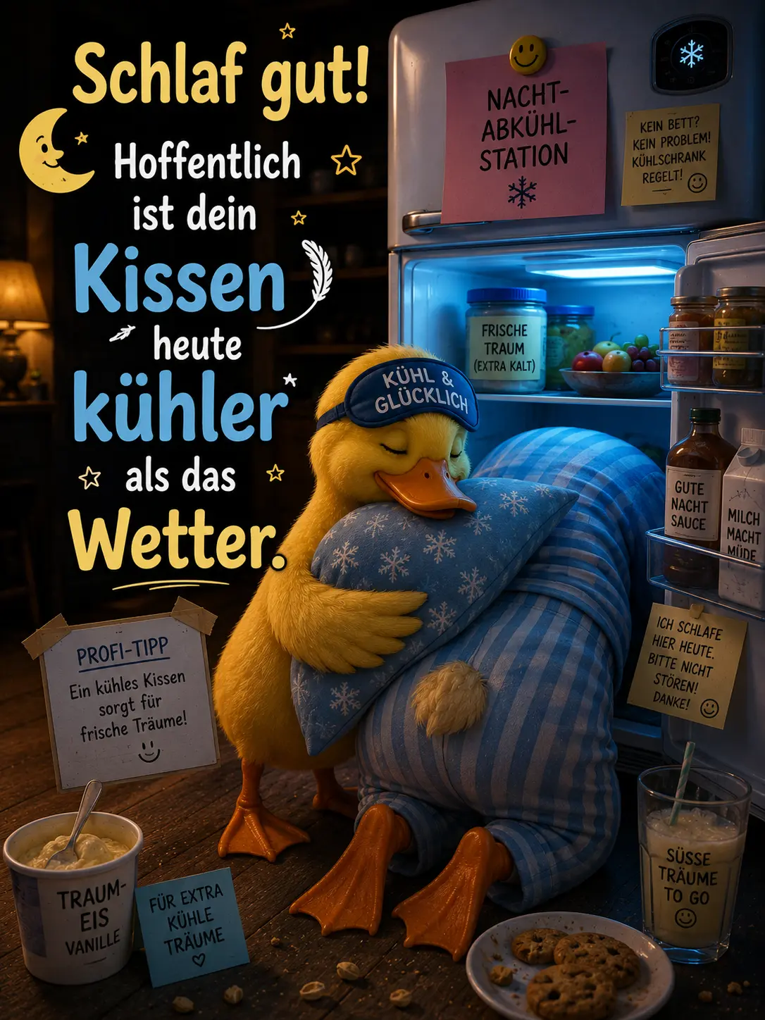 Lustige Gute Nacht Wünsche – Süße Ente im Kühlschrank mit Kissen Sprüchen