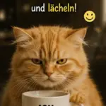 Lustige Grußkarte zum Wochenstart mit einer grimmig dreinblickenden orangefarbenen Katze hinter einer weißen Kaffeetasse.