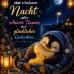 Nachtgrüße mit einem schlafenden kleinen Pinguin im Korb, der einen leuchtenden Stern umarmt, vor einem Meer mit Leuchtturm bei Vollmond und Kerzenlicht.
