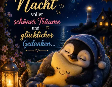 Nachtgrüße mit einem schlafenden kleinen Pinguin im Korb, der einen leuchtenden Stern umarmt, vor einem Meer mit Leuchtturm bei Vollmond und Kerzenlicht.