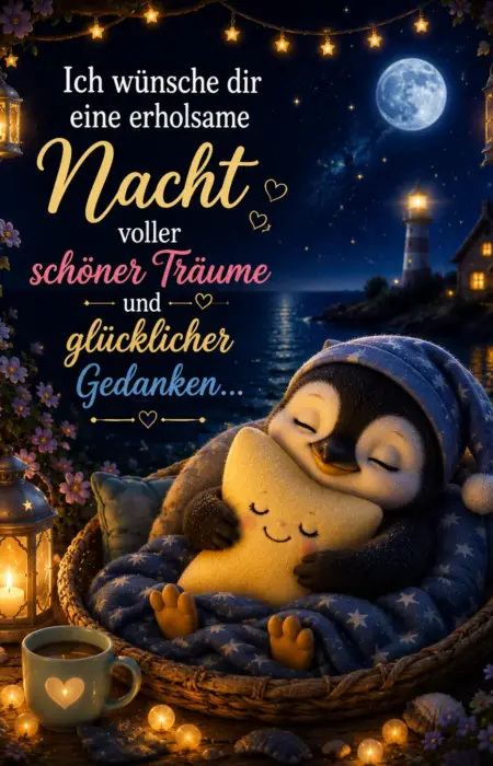 Nachtgrüße mit einem schlafenden kleinen Pinguin im Korb, der einen leuchtenden Stern umarmt, vor einem Meer mit Leuchtturm bei Vollmond und Kerzenlicht.