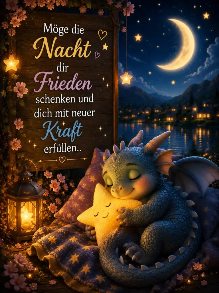 Nachtgrüße – Möge die Nacht dir Frieden schenken mit kleinem Drachen