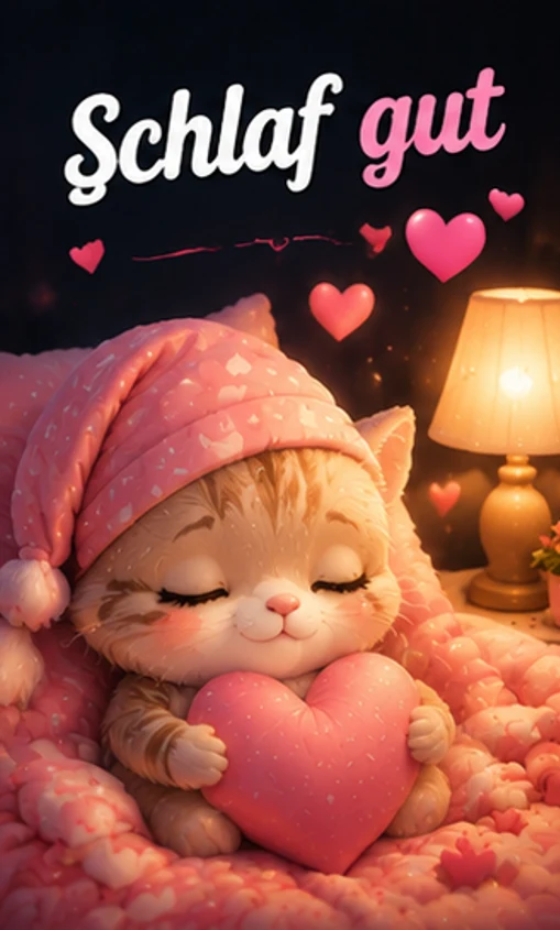 Schlaf gut Bilder mit schlafender Katze im Bett
