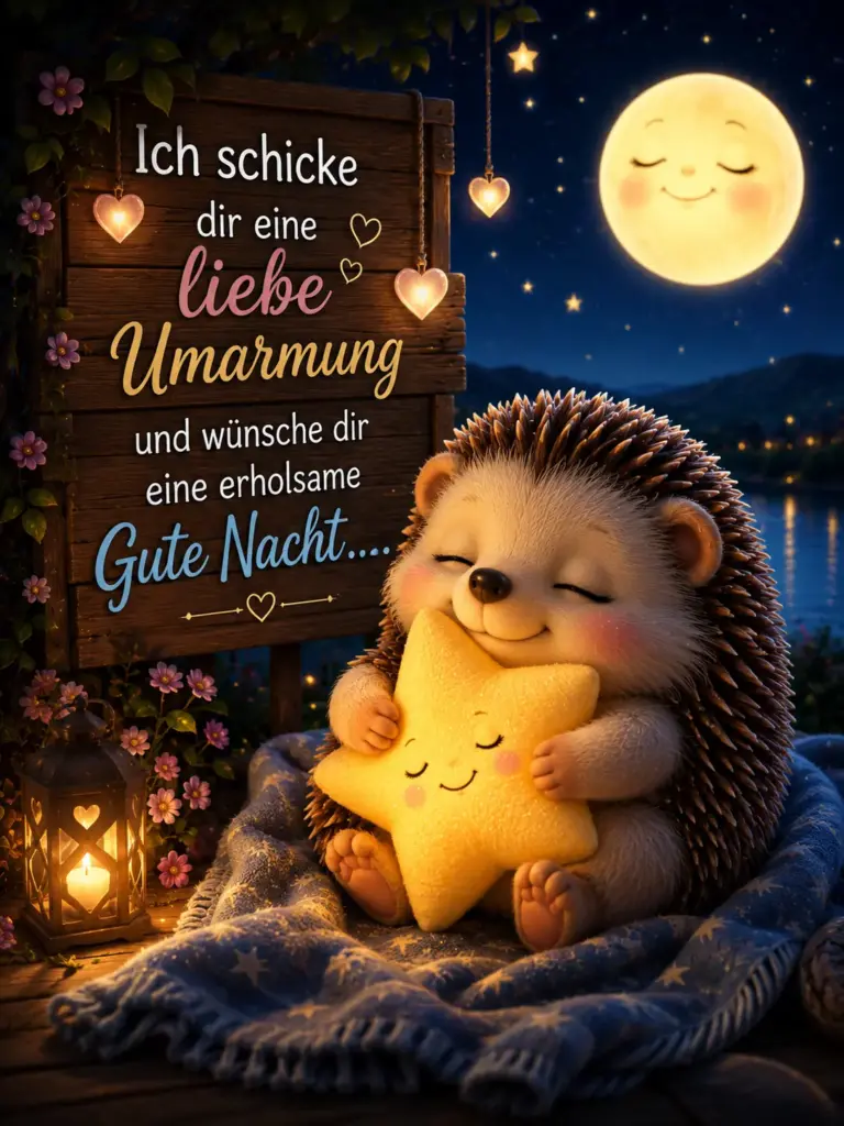 Süße Gute Nacht Bilder – Niedlicher Igel mit leuchtendem Stern und Mond