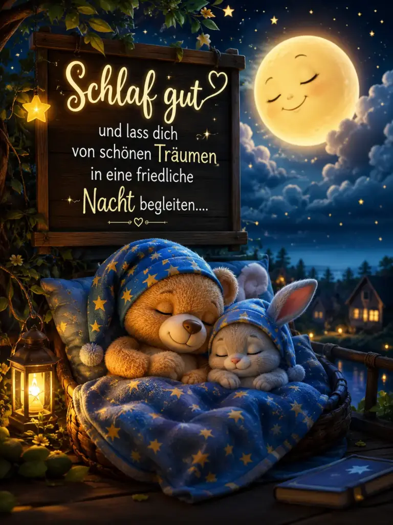 Süße Gute Nacht Bilder – Schlafender Teddybär und Hase unter Sternendecke