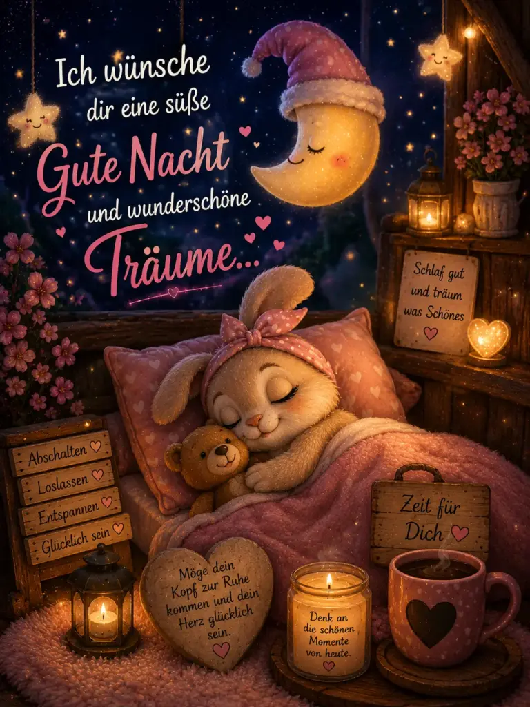 Süße Gute Nacht Bilder – Schlummernder Hase und Teddybär im Bett