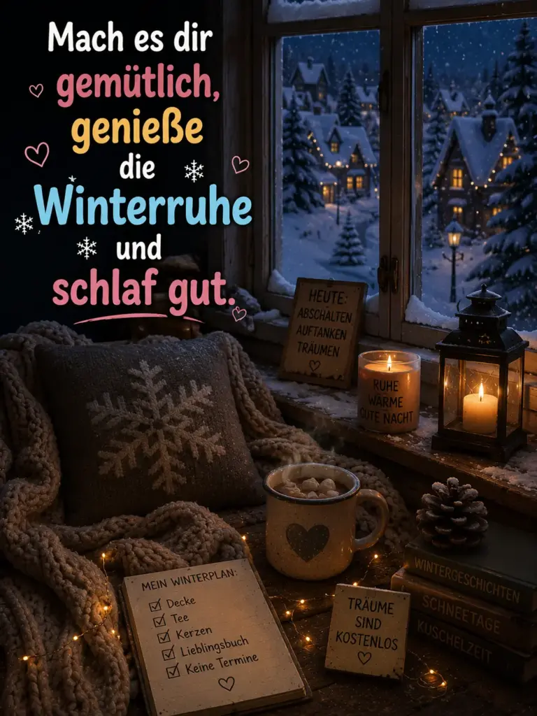 Winterliche Gute Nacht Bilder – Gemütliche Winterruhe am Kaminfenster