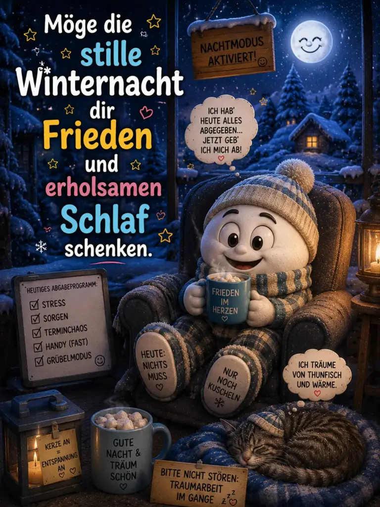 Winterliche Gute Nacht Bilder – Stille Winternacht mit schlafender Katze