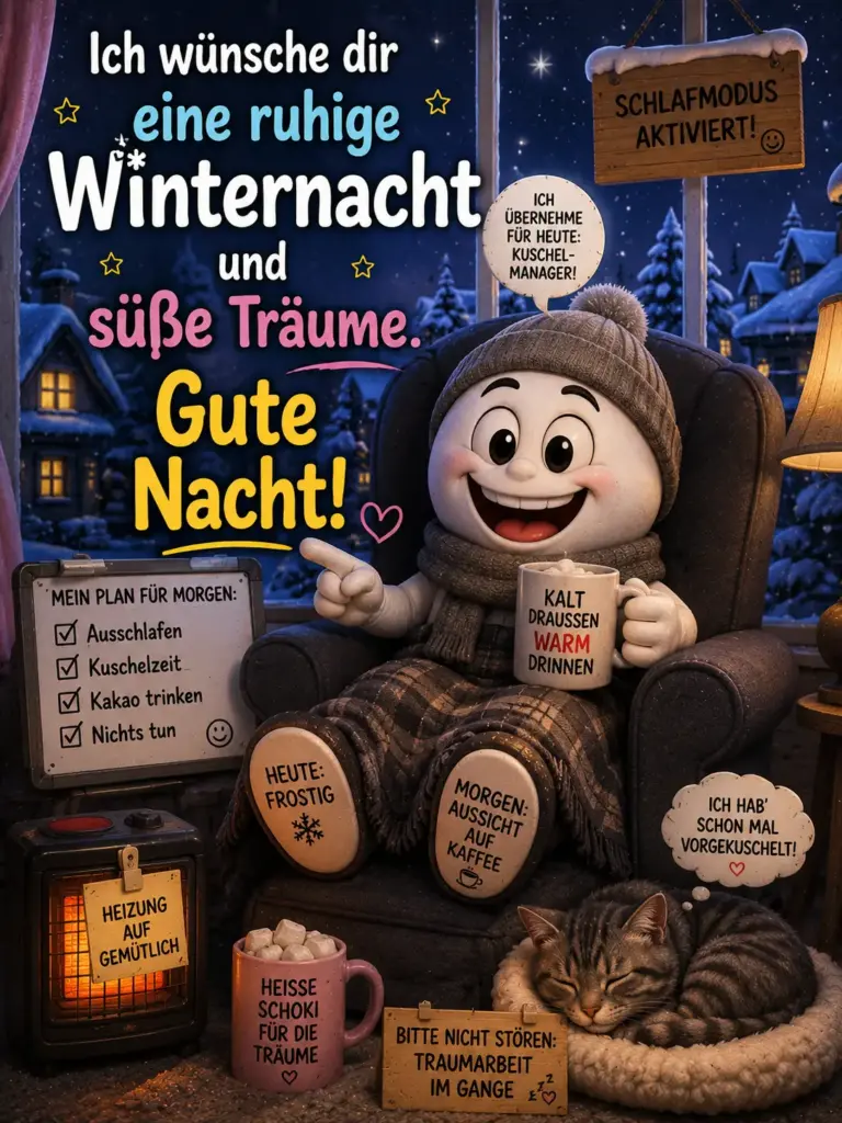 Winterliche Gute Nacht Bilder – Süßer Kuschel Manager im Sessel mit Katze