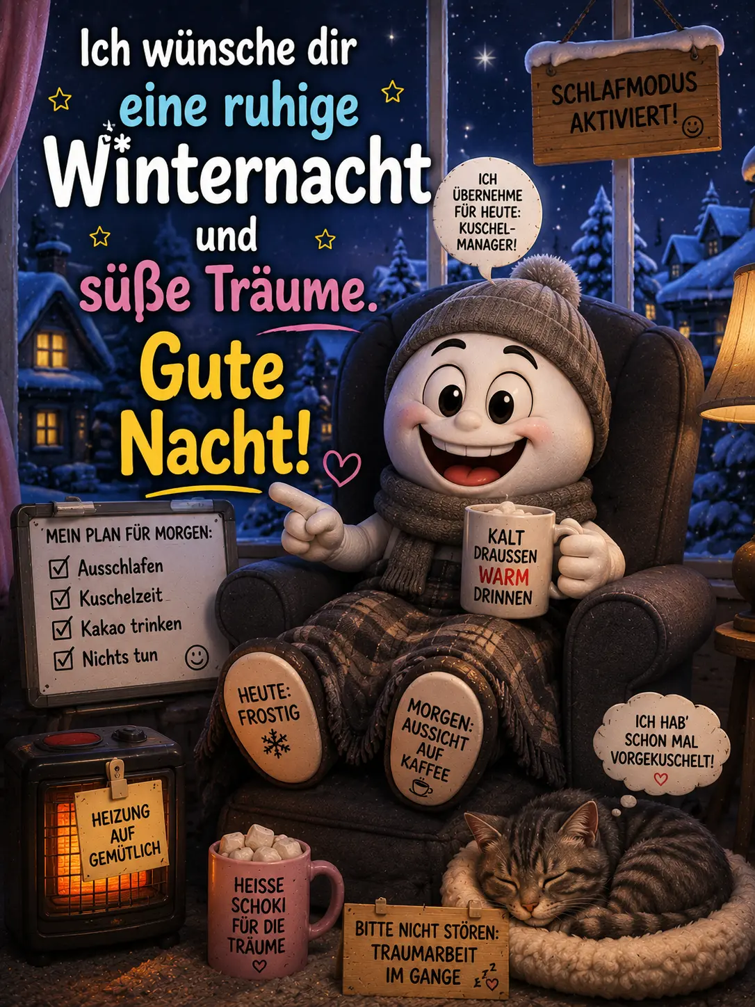 Winterliche Gute Nacht Bilder – Süßer Kuschel Manager im Sessel mit Katze