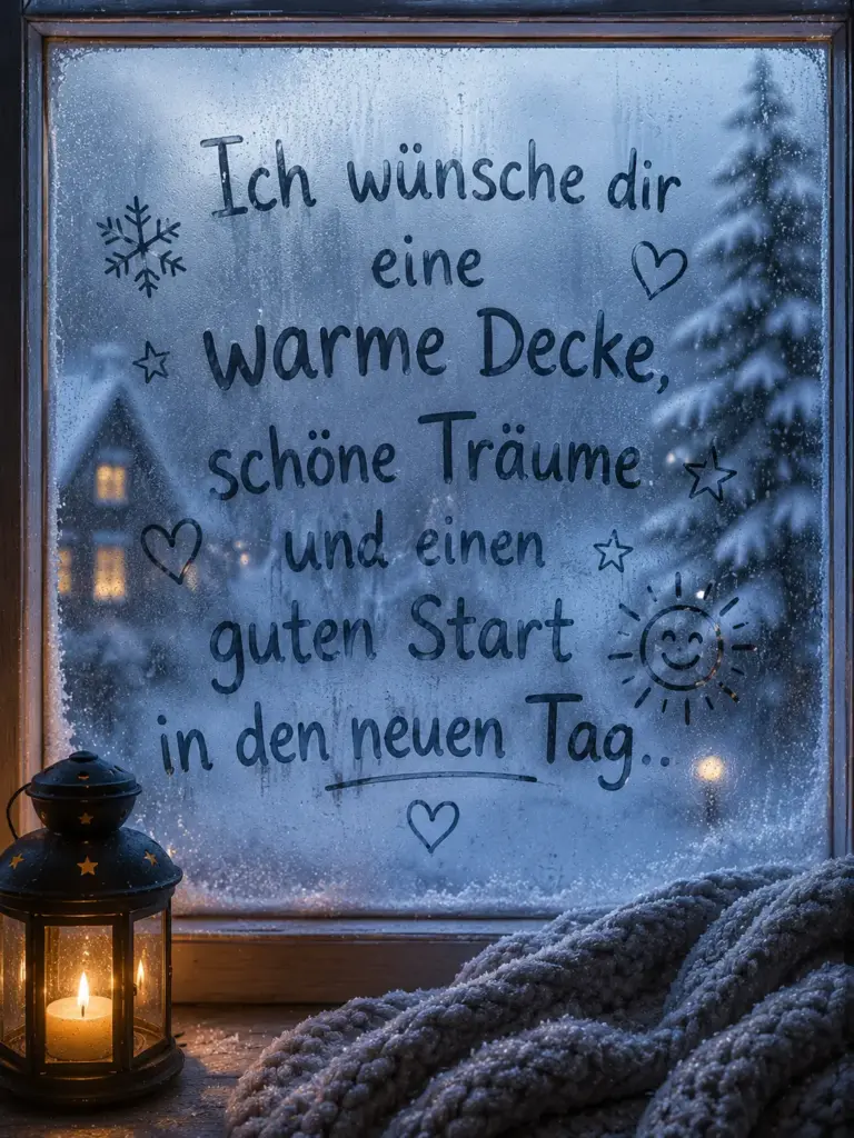 Winterliche Gute Nacht Bilder – Warme Decke und gute Träume am Fenster