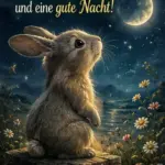auergewohnliche gute nacht bilder kostenlos whatsapp von einem niedlichen haeschen auf einer holzkiste unter einer leuchtenden mondsichel