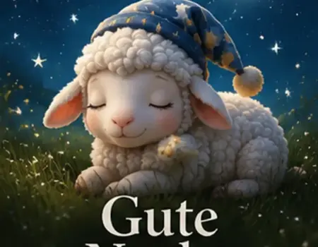 Gute Nacht Bilder Neu mit einem schlafenden kleinen Schaf mit Schlafmütze auf einer Wiese unter einem Sternenhimmel mit Mondsichel