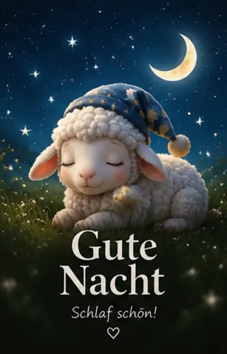 Gute Nacht Bilder Neu mit einem schlafenden kleinen Schaf mit Schlafmütze auf einer Wiese unter einem Sternenhimmel mit Mondsichel