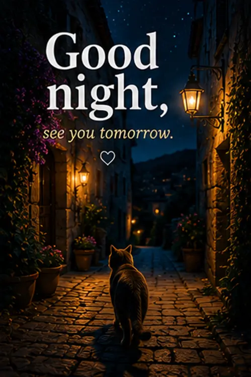 ood Night Bilder und eine süße Katze in einer beleuchteten Gasse bei Nacht