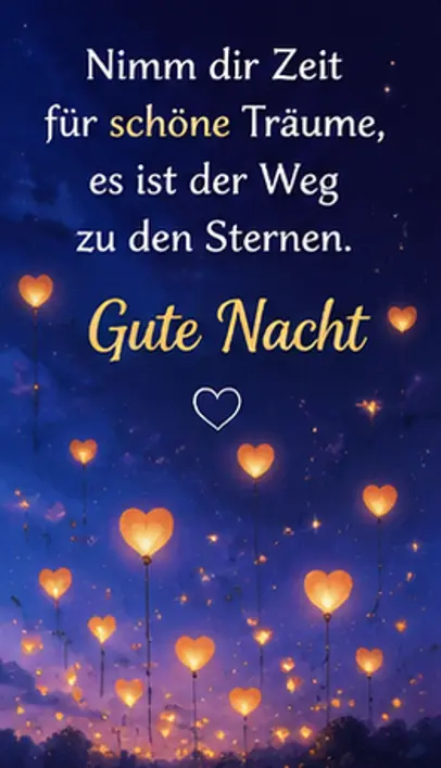 wunderschöne gute nacht bilder mit leuchtenden herzlampions am nachthimmel