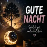 Besondere außergewöhnliche Gute Nacht Bilder mit einer leuchtenden Mondlampe, Buch und Tasse auf dem Nachttisch.