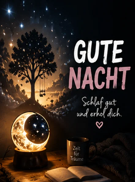 Besondere außergewöhnliche Gute Nacht Bilder mit einer leuchtenden Mondlampe, Buch und Tasse auf dem Nachttisch.