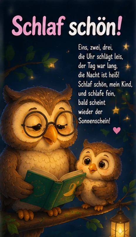 Eulen Vorlage mit Gute Nacht Gedicht Kinder Reim
