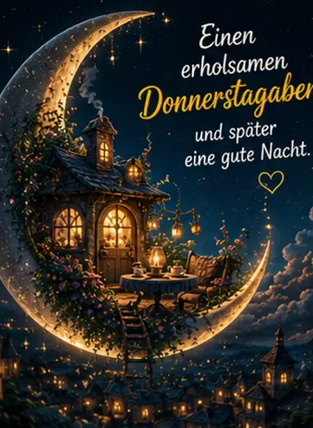 Gute Nacht Donnerstag Bilder mit einem gemütlichen Haus auf einer großen Mondsichel über den Stadtlichtern.