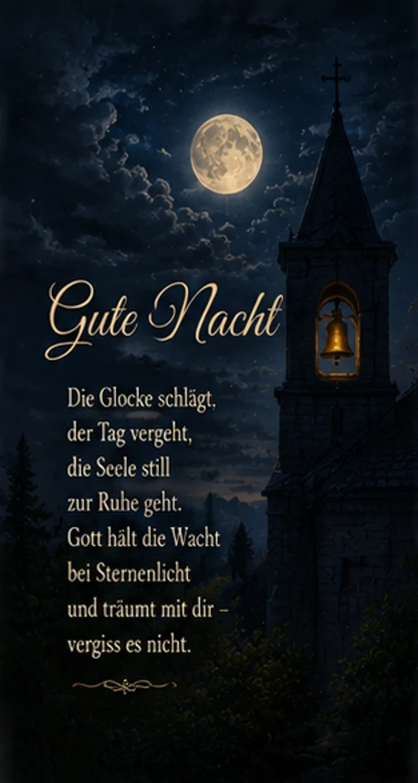 Gute Nacht Gedicht mit Kirchturm bei Vollmond