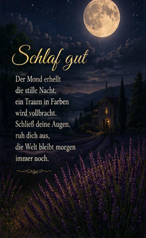 Gute Nacht Gedicht mit Lavendelfeld und Vollmond