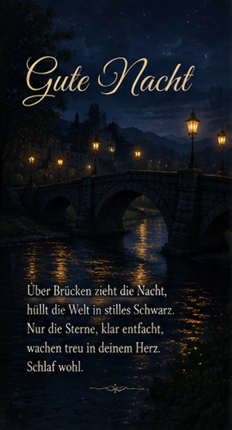 Gute Nacht Gedicht mit beleuchteter Brücke bei Nacht