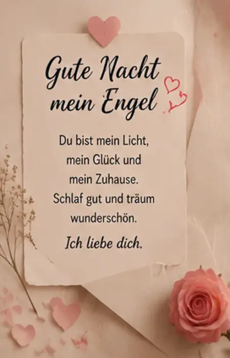 Ein Papierblatt mit kleinen rosa Herzen ist mit einer Klammer befestigt und steht neben einer rosa Rose unter der großen Aufschrift Gute Nacht mein Engel.