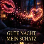 Gute Nacht mein Schatz Bilder GIF mit einem großen glühenden Kussmund, einem leuchtenden Herz aus Funken und einem gemütlichen Bett im Raum.