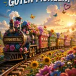Guten Morgen Donnerstag Blumen Guten Morgen Donnerstag Blumen Bild mit einer bunten, blumengeschmückten Dampflokomotive auf Schienen bei Sonnenaufgang.