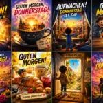Guten Morgen Donnerstag für WhatsApp Guten Morgen Donnerstag für WhatsApp Bilder Collage mit acht verschiedenen farbenfrohen Motiven zum Donnerstag.