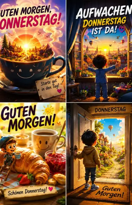 Guten Morgen Donnerstag für WhatsApp Bilder Collage mit acht verschiedenen farbenfrohen Motiven zum Donnerstag.
