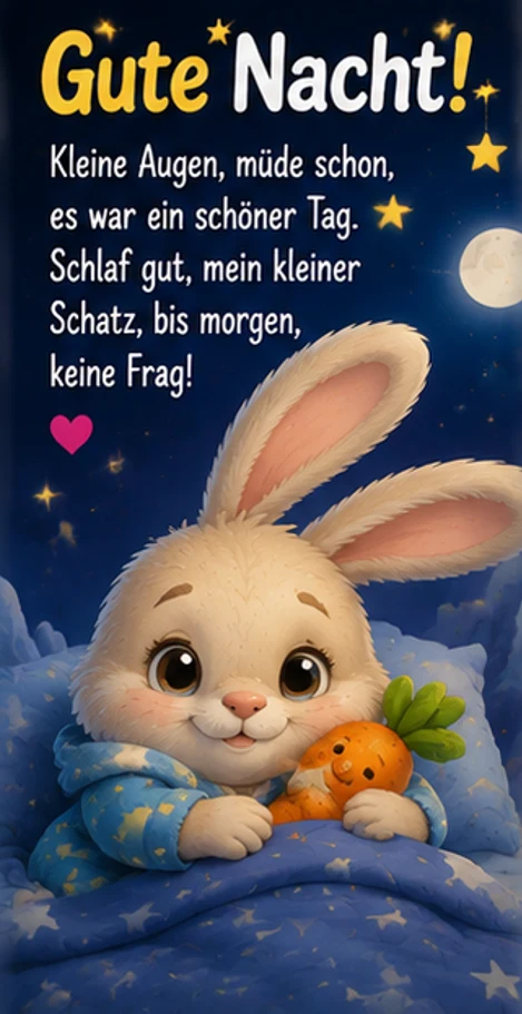 Hase im Bett mit Gute Nacht Gedicht Kinder Vers