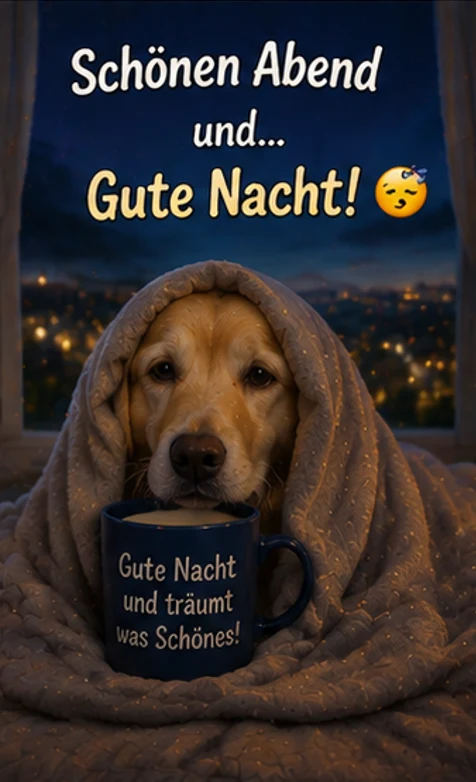 Herzliche Abendgrüße mit Hund und Kuscheldecke